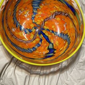 Vibrant Orange and Blue Hand Blown Glass Art Bowl. Signed 2002 by Mark Sigafoos.